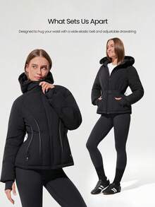 GLOWMODE Chilly Days Soft Lightweight Warm Water-Repellent Faux Fur Hood Down-Proof Belted Puffer Jacket Autumn Winter Outdoor Daily Casual - Black - View 2