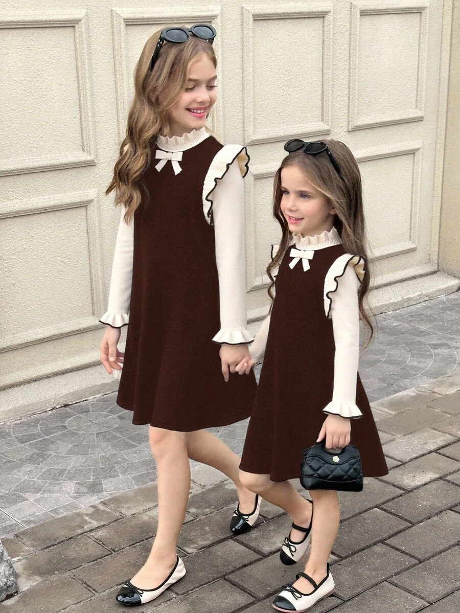 SHEIN Tween Girls Apricot Dark Brown Jacquard Bow Tie Off-The-Shoulder Long Sleeve Sweater Dress,Vintage Autumn Back-To-School Family Matching Formal Dress - Brown - View 1