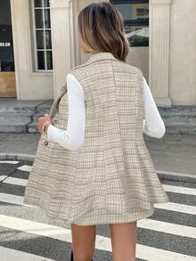 Serisse 女士秋冬格子翻领双排扣无袖夹克和中长裙优雅两件套 - 米色 - 查看 2