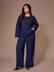 Lazeform Bộ đồ ngủ tay dài dệt kim Jacquard cổ tròn cài nút cỡ lớn, quần áo mùa đông - Màu xanh hải quân - Xem 1