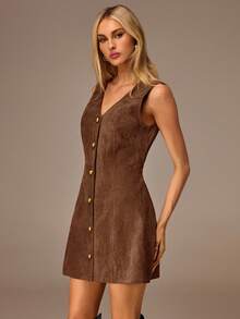 SHEIN Forever 21 Women's Solid Color V-Neck Single-Breasted Casual Sleeveless Mini Dress - Rust Brown - View 7