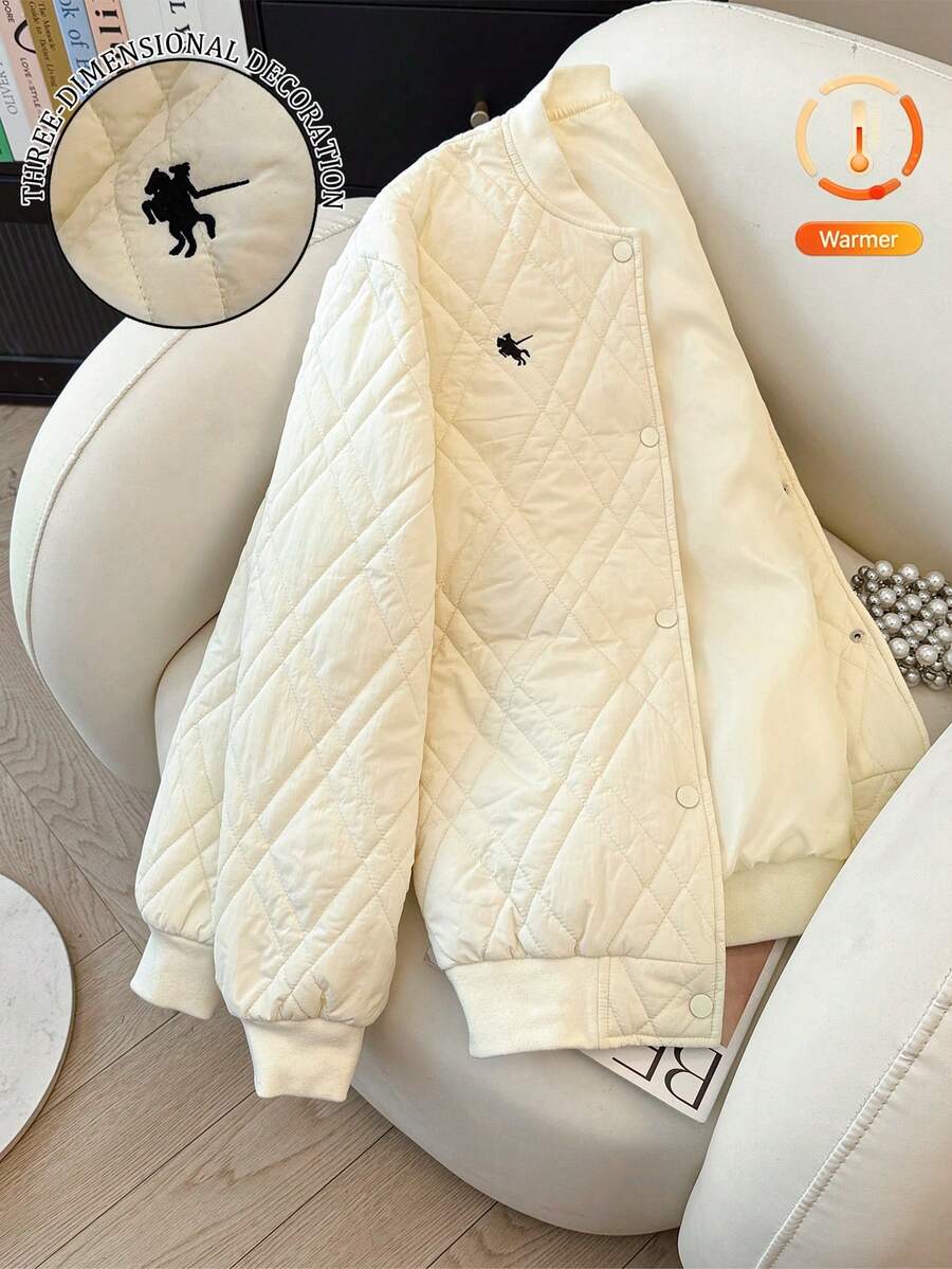 INAWLY 精致乳白色绗缝刺绣棒球领短款羽绒服