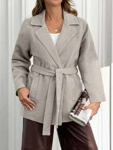Women's Solid Belted Short Good Quality Elegant Wool Coat - Beige - View 3