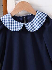 Gaun Kasual Anak Perempuan Motif Kotak-kotak Patchwork dengan Hem Berkerut, Musim Gugur - Biru - View 4