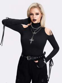 Breakform 女式休闲哥特式高领露肩长袖系带修身短款 T 恤，适合日常外出 - 黑色 - 查看 5