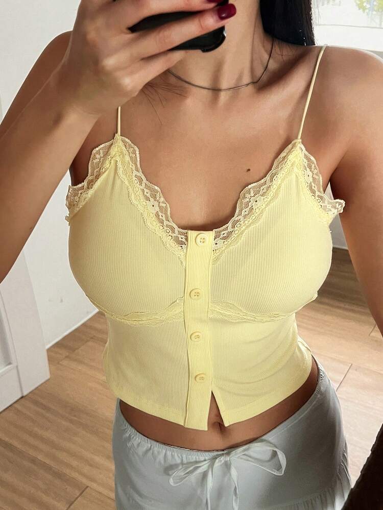 Women's Summer Lace Patchwork Fitted Cropped Casual Camisole, Sexy & Youthful Y2k