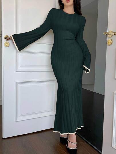 Feyla 女式优雅拼色喇叭袖针织连衣裙，秋冬