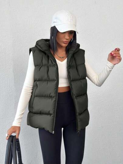 EURMUSE Solid Color, Hooded, Zip Up, Winter Vest