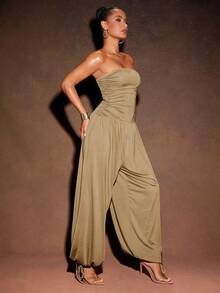 Hauture 女式性感夏季度假针织无袖侧褶抽绳下摆连体裤 - 杏色 - 查看 3