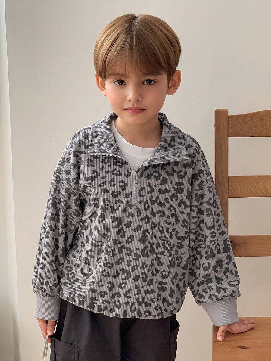 Dazy Kids 幼儿男童宽松豹纹领运动衫，休闲秋季 - 灰色 - 查看 1