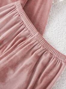 SHEIN 女童睡衣，粉色韩国天鹅绒柔软面料，心形刺绣开衫长袖和裤子两件套睡衣套装 - 珊瑚粉 - 查看 7