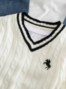 SHEIN Áo len cổ chữ V kẻ sọc thường ngày cho bé gái tuổi mới lớn, phong cách học thuật, mùa thu/đông - Đen và trắng - Xem 4