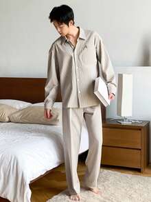 DAZY Men's Autumn Letter Embroidered Shirt And Striped Apricot Loungewear Set, Fall & Winter Clothes