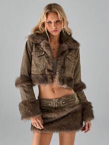 TRNVIE Women's Casual Fuzzy Trim Denim Jacket - Brown - View 4