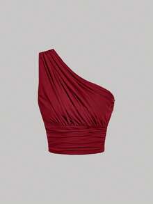 SHEIN MOD 3pcs Women's Elastic Fitted Short Ruffle Shoulder Tops,Red Top,Christmas,Red Tops For Women - Burgundy - View 10