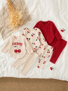 SHEIN Vintaside Kids 6 件套新生女婴秋冬新款罗纹针织面料杏色樱花印花肩部按扣开合套装，3 件套长袖上衣和裤子，时尚休闲可爱搭配服装 - 彩色 - 查看 1