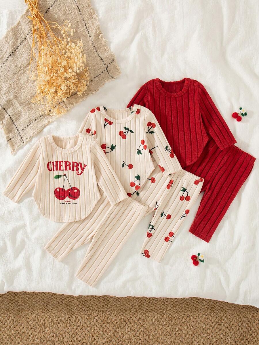 SHEIN Vintaside Kids 6 件套新生女婴秋冬新款罗纹针织面料杏色樱花印花肩部按扣开合套装，3 件套长袖上衣和裤子，时尚休闲可爱搭配服装 - 彩色 - 查看 1