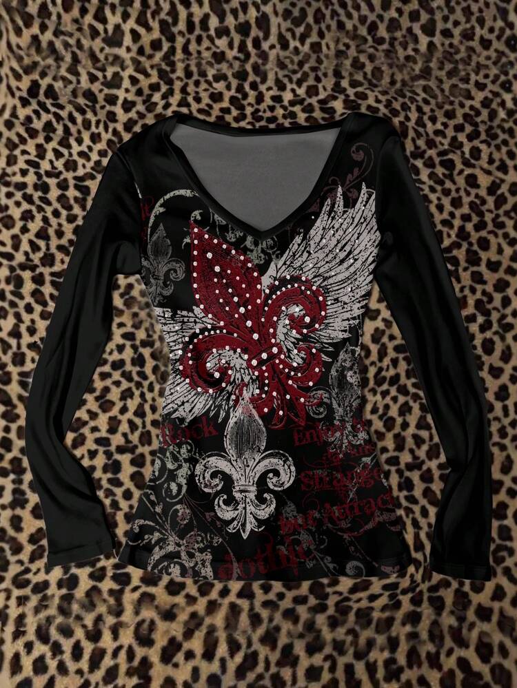 Attitoon T-shirt à manches longues ajusté col V vintage décontracté pour femmes, convient pour l'automne/l'hiver, style vintage, grunge, imprimé ailes