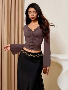 Lyxana Women's V-Neck Flared Sleeve Ruched Slim Fit Elegant T-Shirt - Coffee Brown - View 1