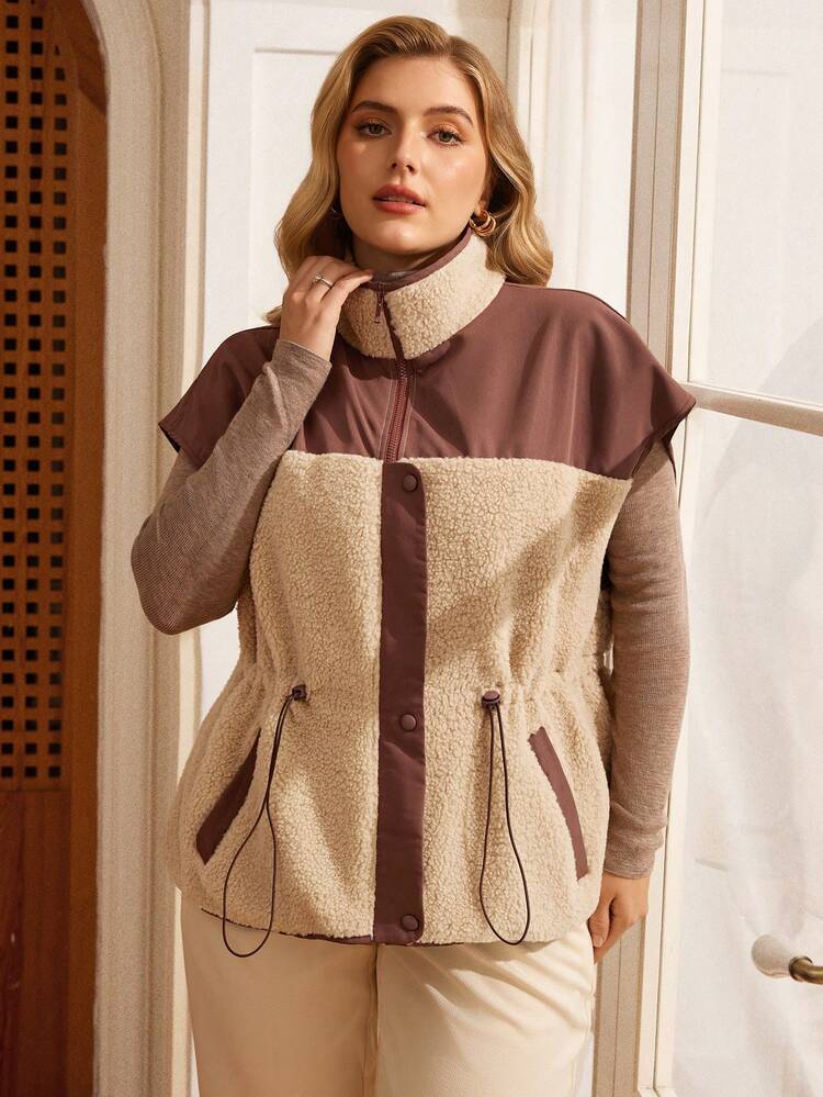 Plus Size Casual Color Block Drawstring Waist Brown Coat, Autumn/Winter Women's Winter Coat New Year Elegant Women Stylish Collection Earthy