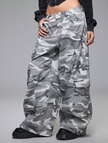 ROMWE Grunge Punk Y2K Kpop Streetwear Camouflage Distressed Low Waist Jeans - Grey - View 5