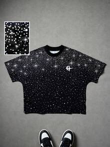 Manfinity Roghcode Camiseta corta de manga corta con estampado de murciélago de estilo callejero con rhinestones - Negro - Ver 3