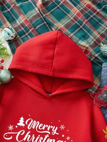 SHEIN LUNE 休闲简约圣诞格子雪人与字母印花连帽长袖宽松厚款卫衣女装，适合秋冬季、圣诞节、派对、圣诞驯鹿、圣诞聚会、圣诞派对、家庭聚会、情侣、姐妹 - 紅色 - 查看 5