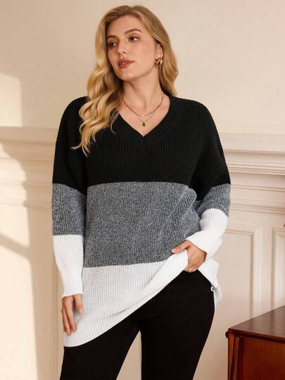 Rosumi Plus Size Women Contrast Color V-Neck Dropped Shoulders Long Sleeve Casual Sweater, Autumn/Winter Fall