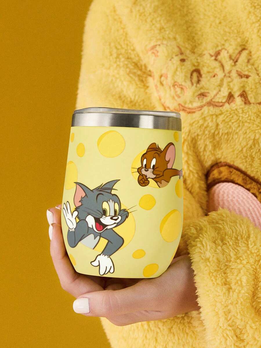 TOM & JERRY X SHEIN 12盎司/360毫升 印花不锈钢平底保温杯，带杯盖 - 黃色 - 查看 1