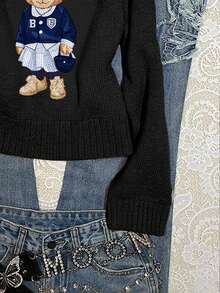 SHEIN EZwear Áo len họa tiết gấu thường ngày dành cho nữ, phù hợp cho mùa thu/đông - màu đen - Xem 4