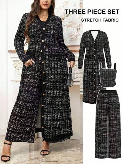 SHEIN Clasi Curvy Plus-Size Women's 3-Piece Set: Imitation Tweed Long-Sleeved Single-Breasted Maxi Coat With Off-The-Shoulder Camisoles And Wide-Leg Jumpsuit,2025 New,Fall,Fall Clothes For Women,Fall Clothes,Fall Clothes Plus Size,Going Out Tops Women,Going Out Tops,Office Outfits For Women,Fall Outfits For Women,Classy Outfits For Women,Women's Fall Clothes,Office,Tops For Going Out,Halloween,Halloween Costumes,Halloween Clothes,Halloween Clothes Women,Fall Tops,Old Money Style Women,2025 New, Plus Size Women Clothes Blouse Fall Clothes For Women Winter Clothes For Women Halloween Costumes Halloween Clothes Halloween Clothes Women Halloween Costumes Women Date Night Outfits Women Night Out Outfit Date Night Outfit Plus Size Women Clothes Festival Outfits