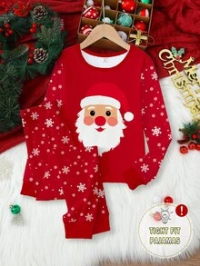 青少年女孩圣诞主题红色睡衣，圣诞老人印花搭配雪狐图案，夜光针织弹力长袖上衣和裤子 2 件套睡衣套装 - 紅色 - 查看 4