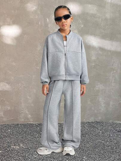 SHEIN 2 件套青少年女孩休闲装饰领长袖连帽衫和裤子套装，纯色简约百搭百搭，适合通勤、学校、日常休闲、旅行、户外派对、运动、秋冬