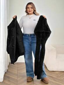 SHEIN CURVE+ Áo khoác đệm cỡ lớn dành cho nữ có cổ lông nhân tạo có thể tháo rời, màu đen - màu đen - Xem 10