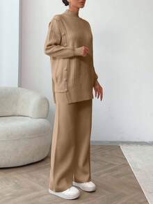 EURMUSE Women Solid Color Button Detailed Mock Neck Drop Shoulder Pullover & Sweater Pants Set,Petite,Winter Clothes - Unta - View 5