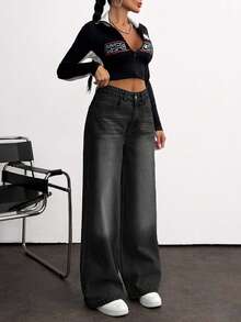 EURMUSE High Waist Baby Blue Wide Leg Denim Jeans - Dark Grey - View 1