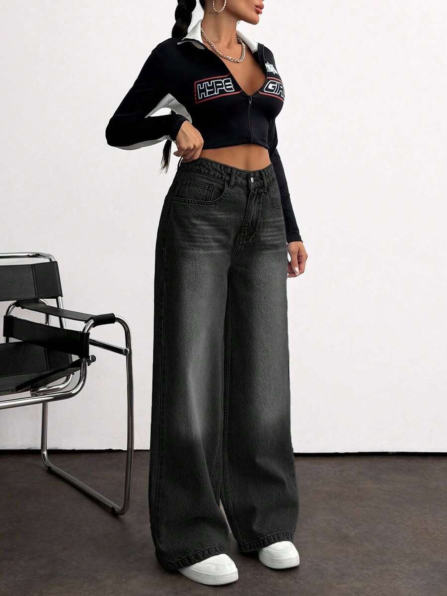 EURMUSE High Waist Baby Blue Wide Leg Denim Jeans - Dark Grey - View 1