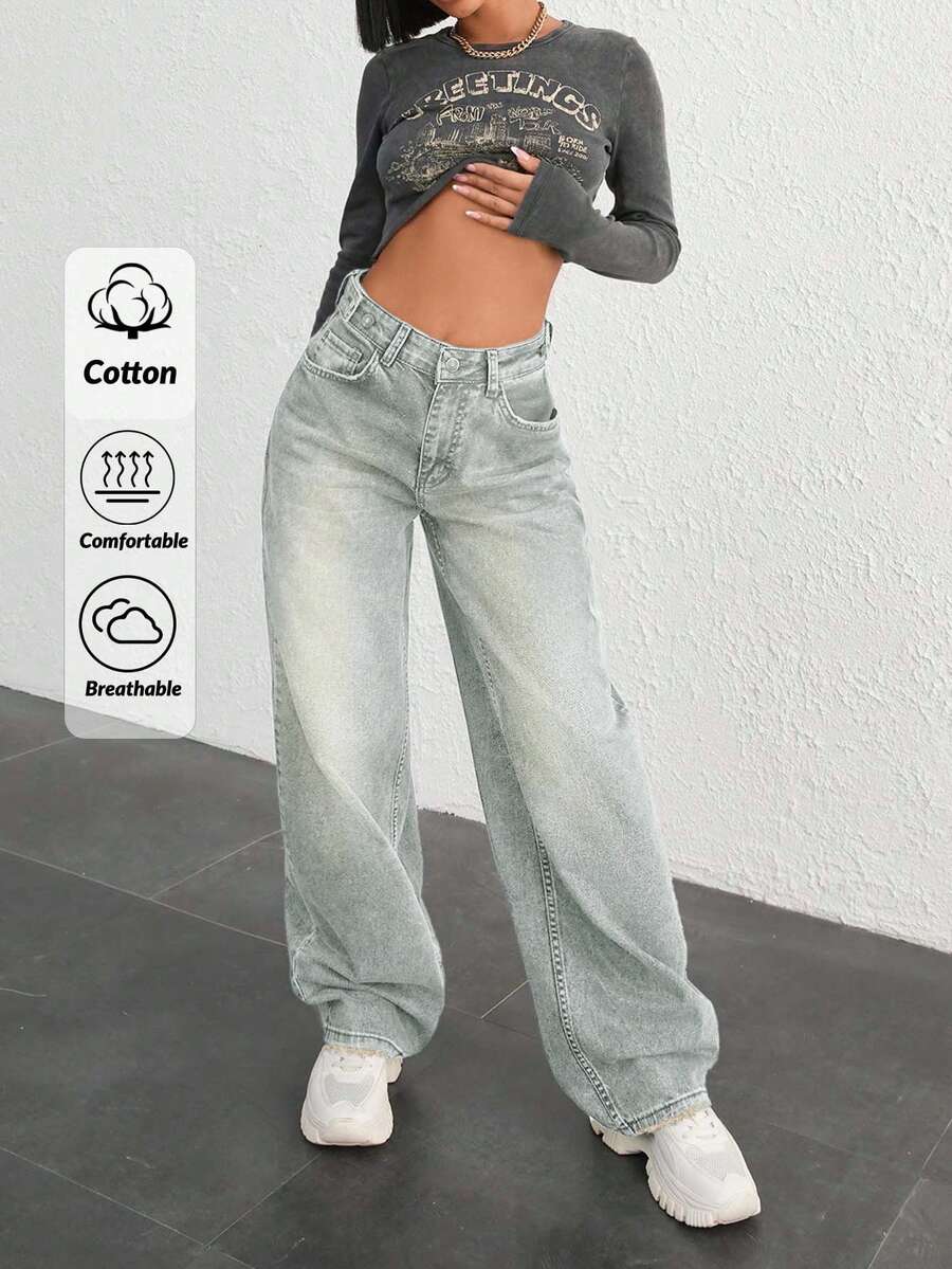 SHEIN Cottnline 100% COTTON HIGH WAIST BUTTON DETAILED WIDE LEG JEAN - Light Wash - View 1