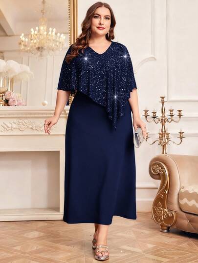 Modelyn Plus Size Silver Foil Splicing Cape Dress Maxi Women Outfit Long Evening Dresses