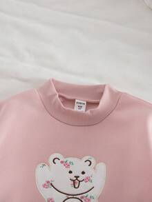 Genkimix Kids 2 件套年轻女孩可爱熊刺绣宽松落肩羊毛粉色连帽衫运动衫和粉色格子喇叭裤，秋冬 - 粉色 - 查看 2