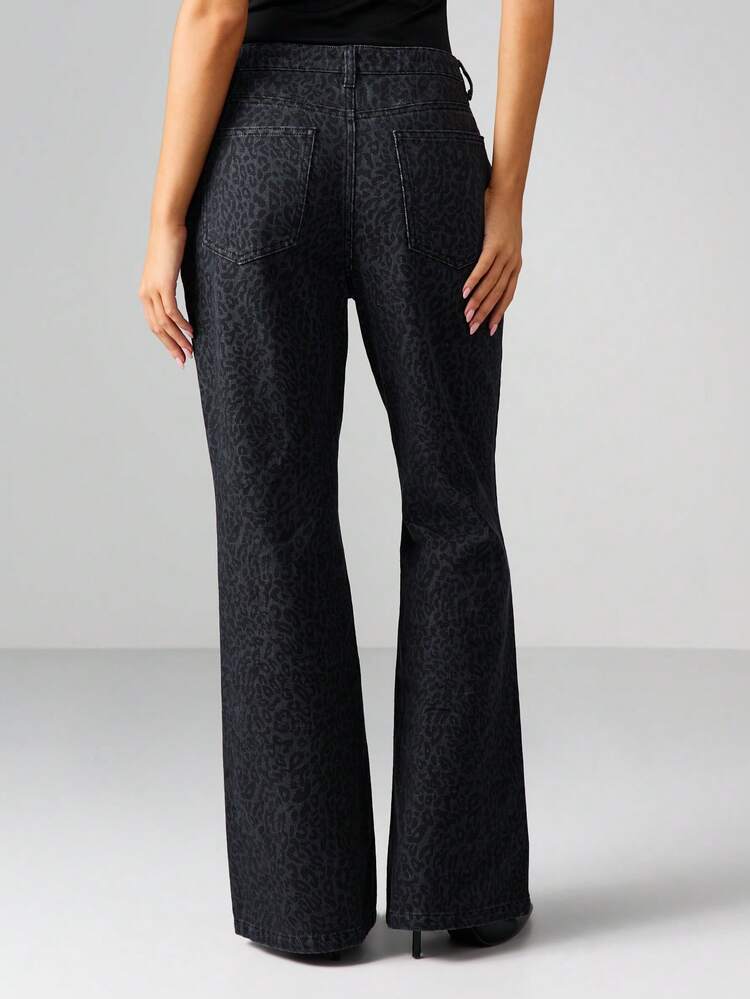 MISSGUIDED High Rise Flared Leopard Print Jeans Wide Leg Bell Bottom Animal Print Denim Pants Fashion Statement Piece