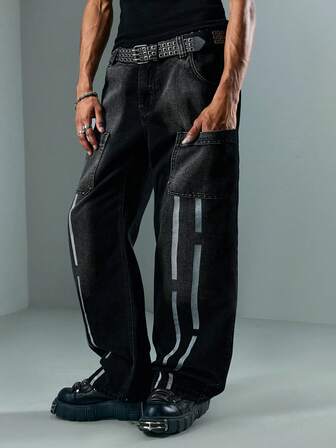 Street Life Jeans casuales de pierna ancha y ajuste holgado con rayas y bolsillos dobles para hombres