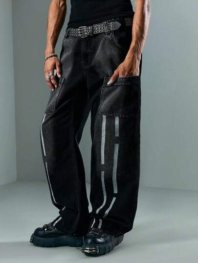 Street Life Jeans amples et décontractés pour hommes à jambes larges rayées avec doubles poches