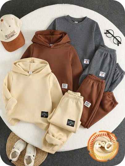 SHEIN 6 件套儿童休闲可爱卡通图案羊毛连帽衫和慢跑运动服，适合男孩和女孩的基本款多件装，秋冬
