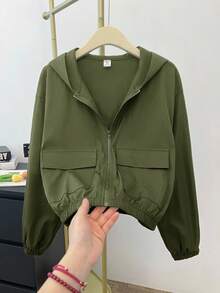 SHEIN Teen Girl Solid Color Patch Pocket Loose Fit Casual Hooded Jacket Teen Jacket Girls Cute Jacket Cropped Jacket Jacket Zip Up Jacket Girl - Army Green - View 11