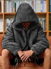 STEELVANCE Men's Long Sleeve Faux Fur Hooded Zip-Up Coat, Elegant Outerwear For Dating, Photo Shoots, Casual Wear, Autumn/Winter New Vintage Streetwear - Grey - View 3