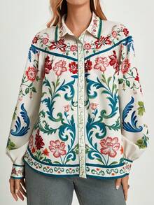 CAJUNI 女式休闲度假花卉印花长袖衬衫上衣，秋季约会装，热带风情，波西米亚风 - 彩色 - 查看 4