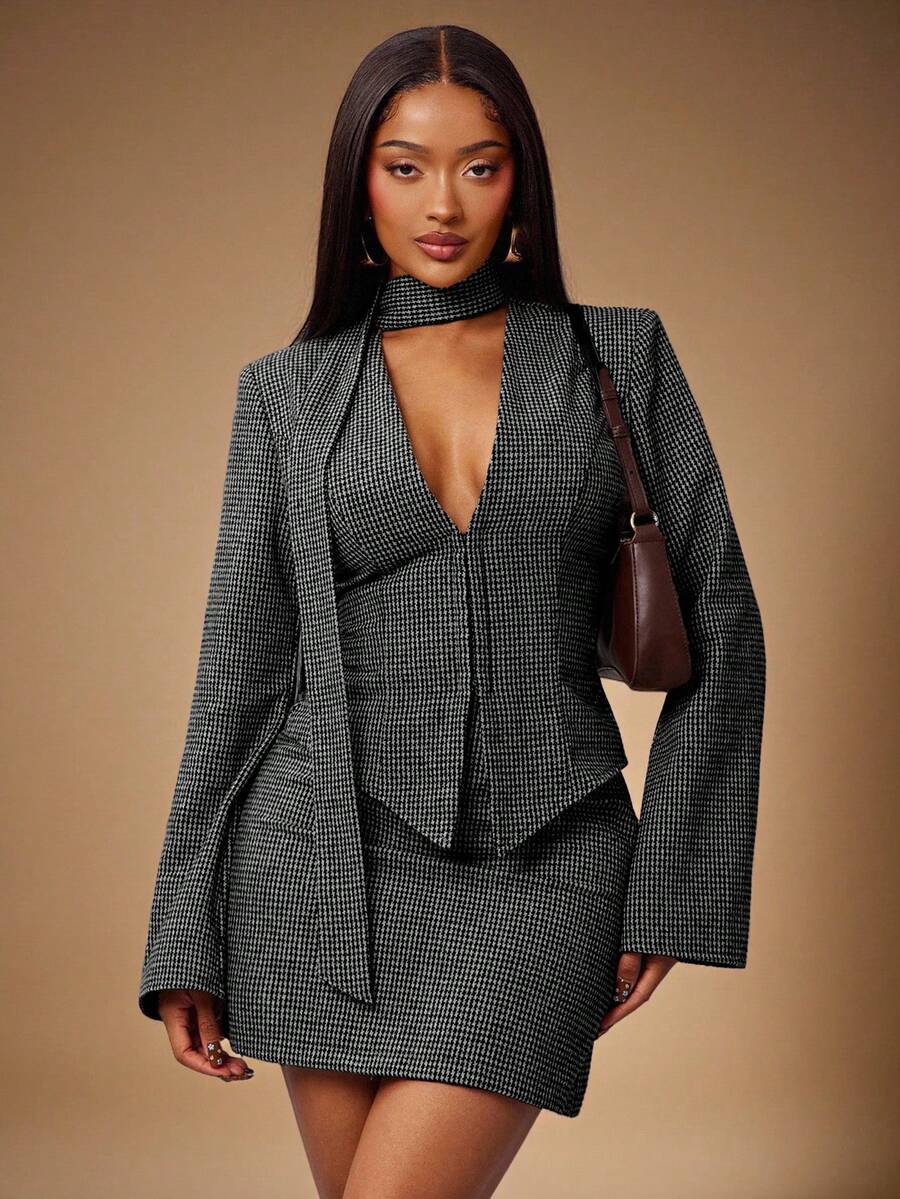 Radiana 复古时尚通勤棕色千鸟格羊毛三件套：修身西装外套 + 低腰半裙 + 围巾（含垫肩）半裙套装 西装外套半裙套装 粗花呢两件套 女士套装 女士西装外套套装 - 灰色 - 查看 1