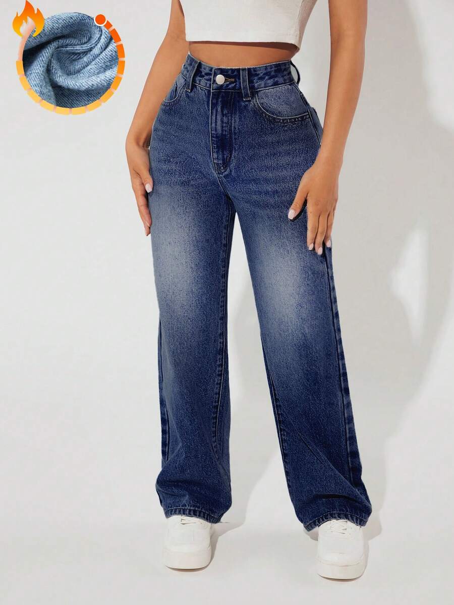 SHEIN PETITE 女式高腰口袋做旧直筒休闲百搭牛仔裤 - 深色水洗藍 - 查看 1