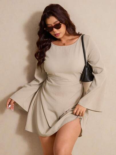 Elaquor Vestido feminino plus size, cor sólida, minimalista, uso diário, gola redonda, manga comprida